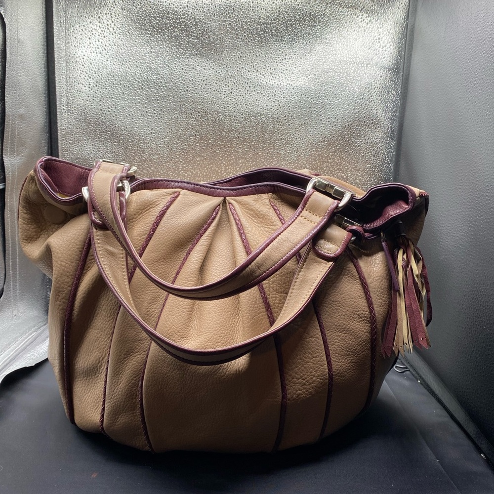 649 Cole Haan hobo bag tan & brown leather silver heavy hardware Preowned